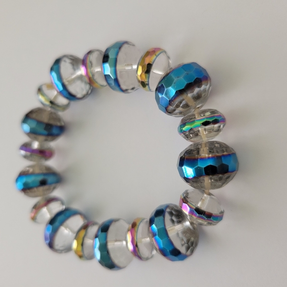 Vintage Czech Glass Stretchy Bracelet Twilight Skies AB Statement Retro - Picture 5 of 6